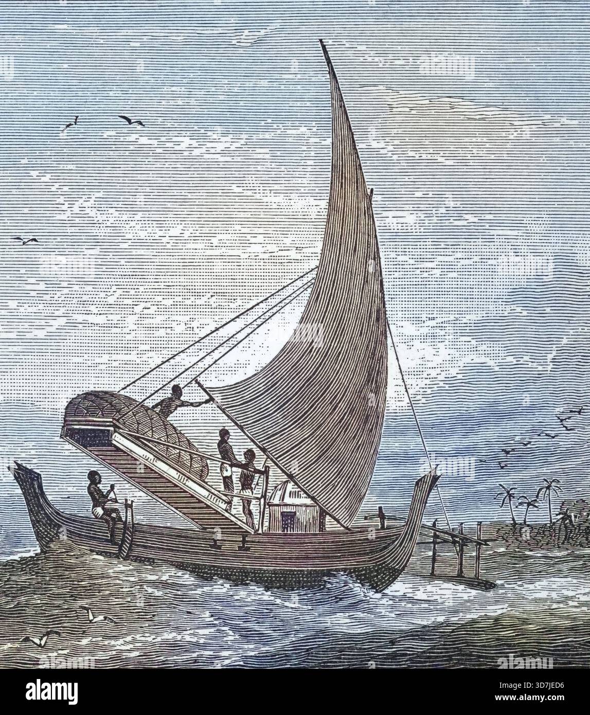 Ausgerüstetes Kanu oder Prau, um 1870, Malaya, digitale Reproduktion einer historischen Vorlage Stock Photo