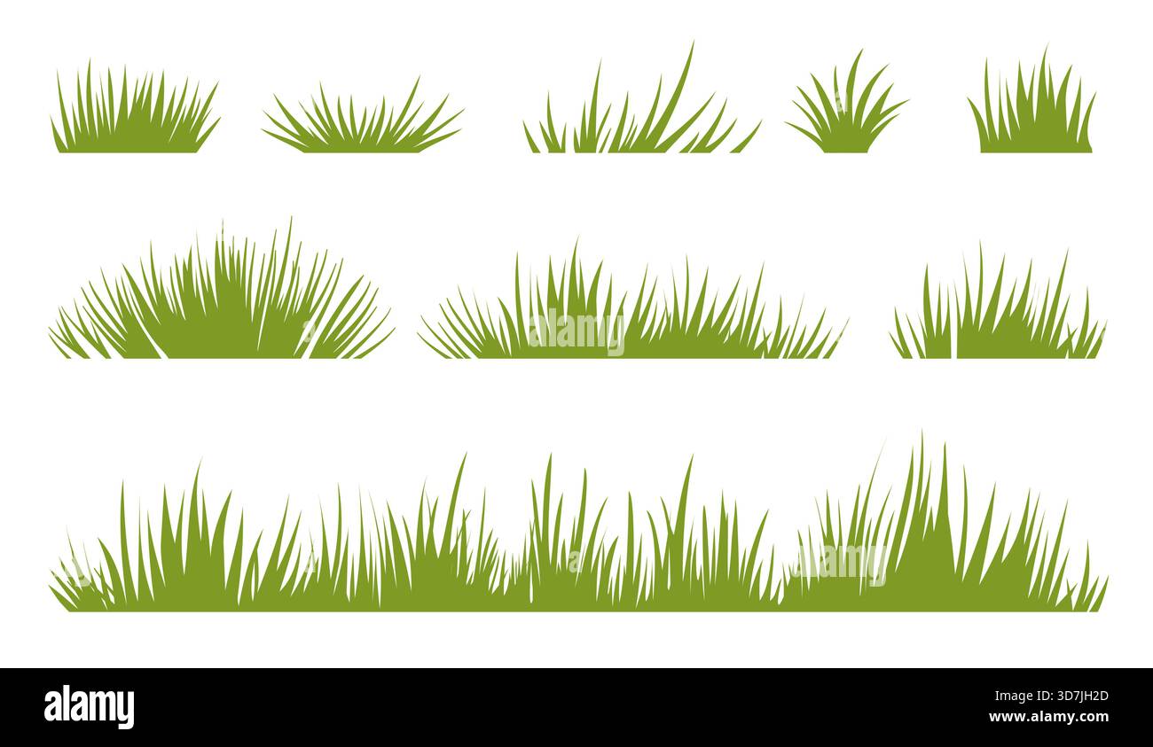Set of flat green grass silhouette isolated on white background. Vector ...