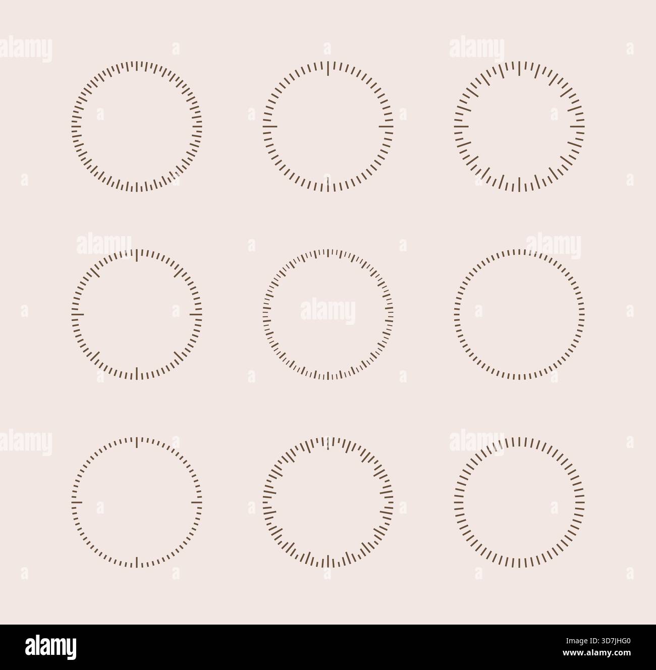 Round analog dashed lines timer icon. Dotted watch, speed frame, mechanical clock face, meter scale line vector template. Stock Vector