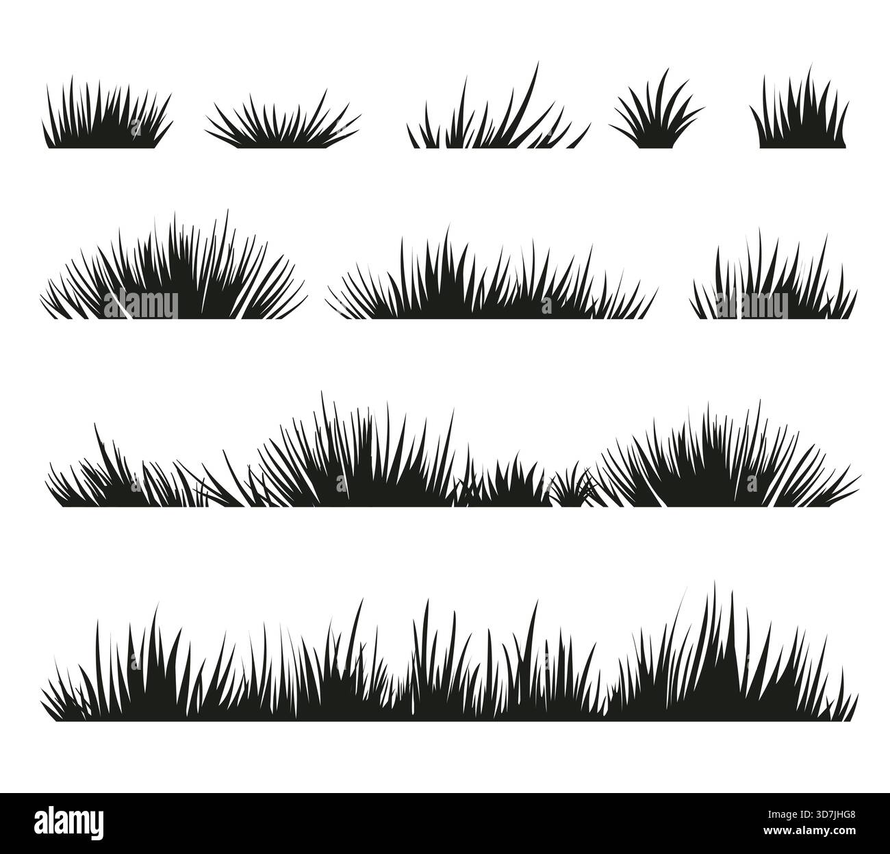 Set of black flat grass silhouette isolated on white background ...