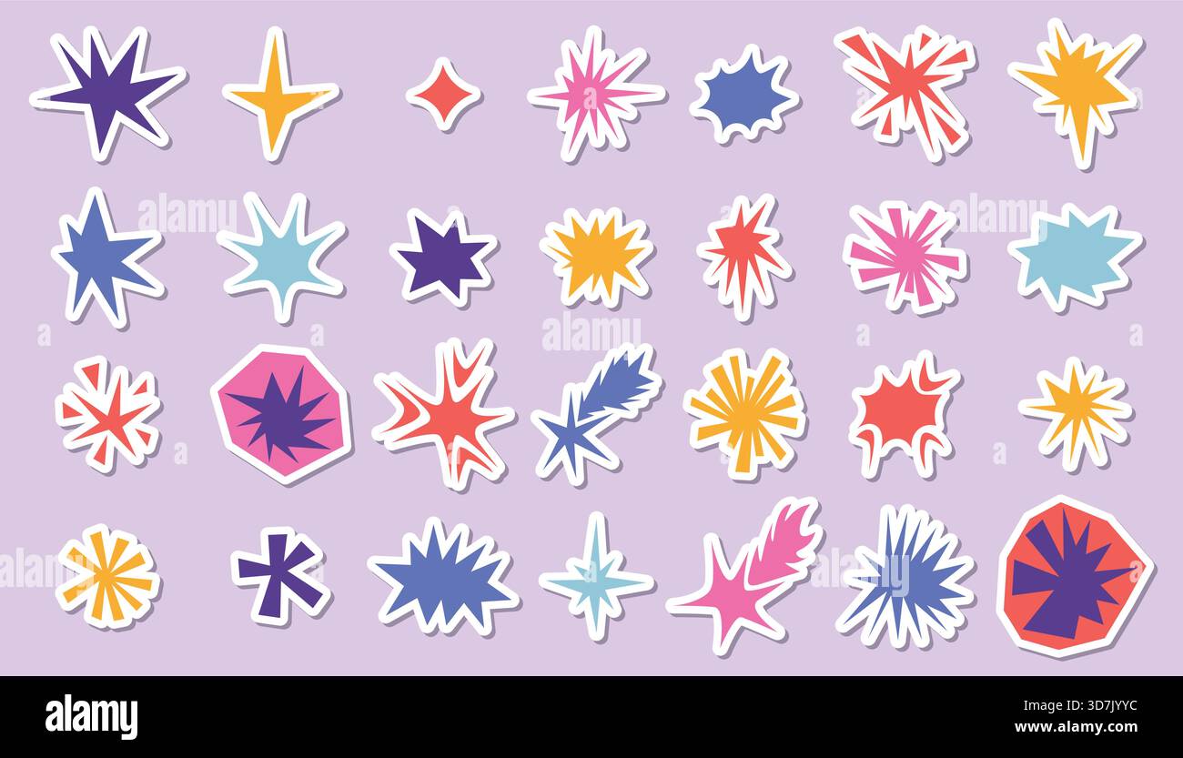 Set of irregular star and sparkle collage shapes stickers with rough edges and retro feel. Colorful cut paper starburst elements ideal for sticker, sc Stock Vector