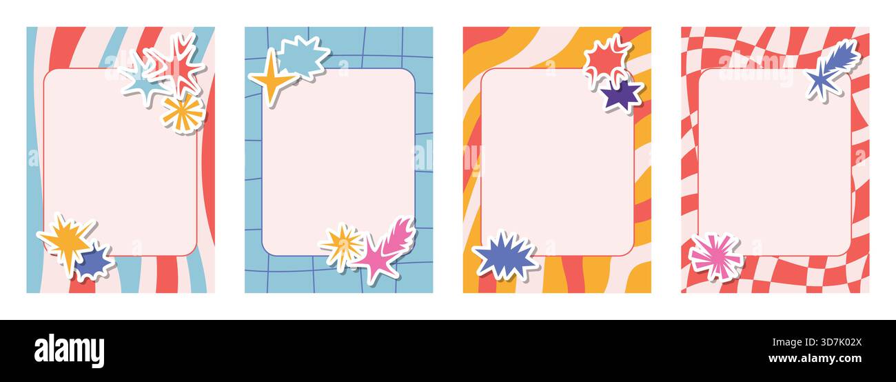 Retro note sheets and cards with checkered and striped patterns paired with irregular star and sparkle collage stickers. Sharp angular elements bring Stock Vector