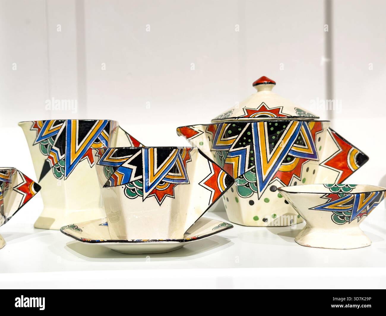 Collection of  Maling 'Anzac' pattern Art Deco composite tea service vintage ceramic tableware with colorful geometric Art Deco patterns - Smartphone Captured Stock Image