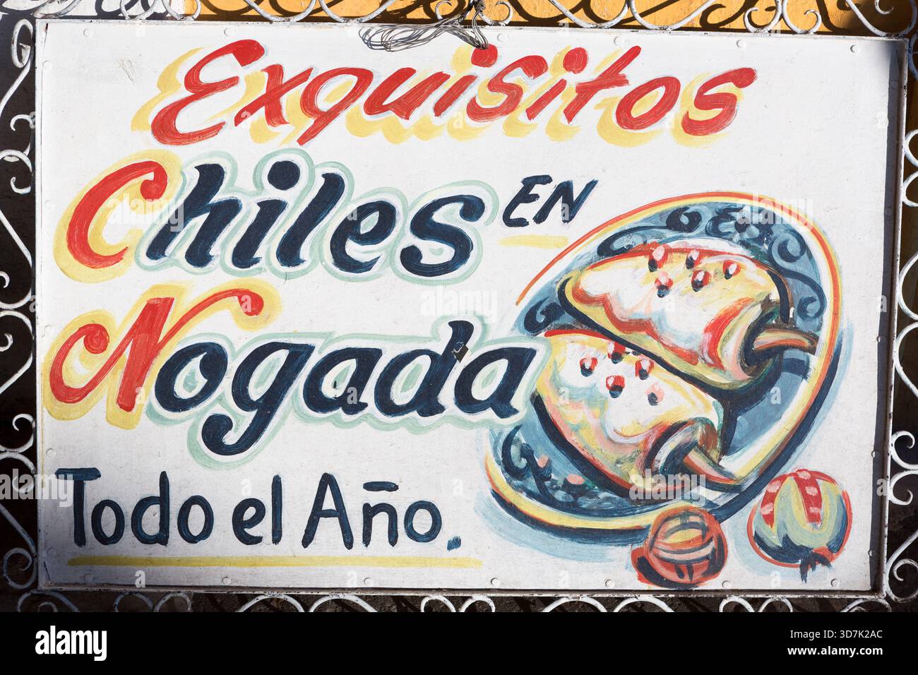 Mexico, Puebla, street sign advertising Chiles and Nogada food - colourful signage. Stock Photo