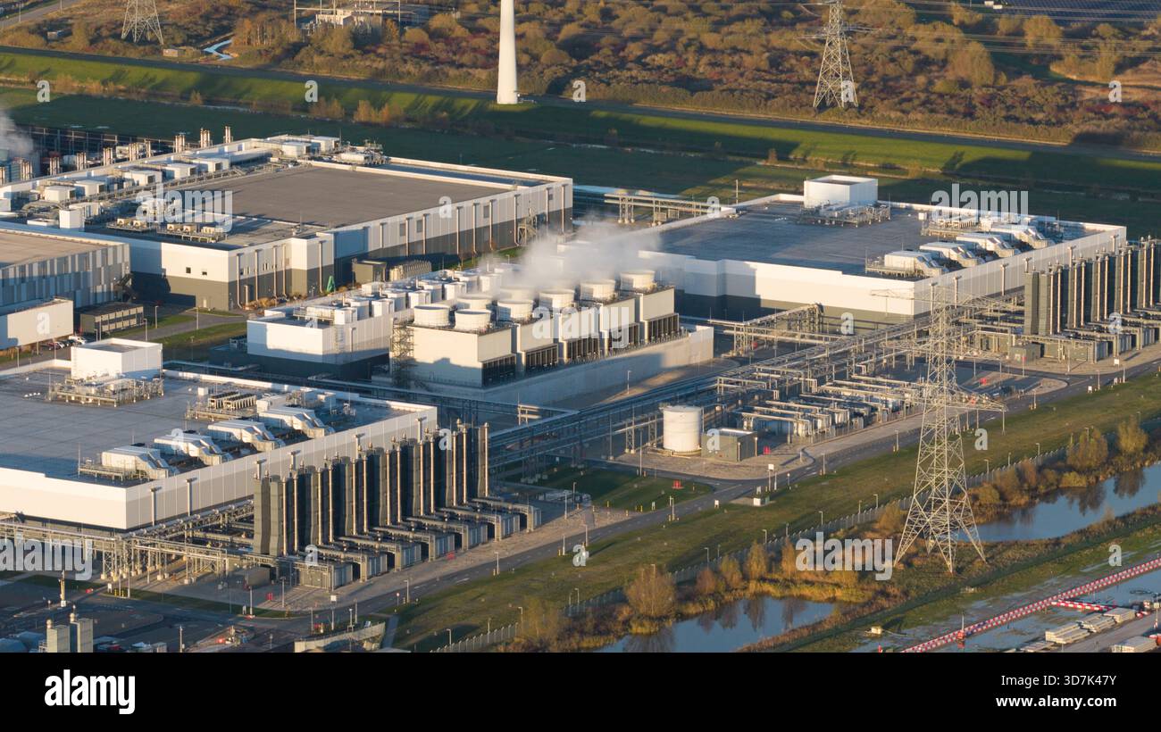 Aerial Vertical View: Massive Data Center Cooling Systems. Stock Photo