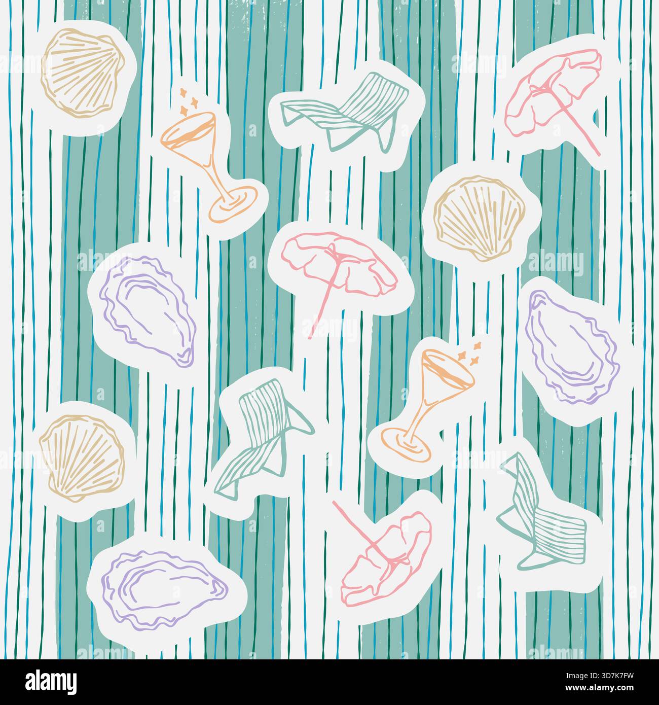 Seamless pattern with beach stickers umbrella chair and cocktails on stripes Stock Vector