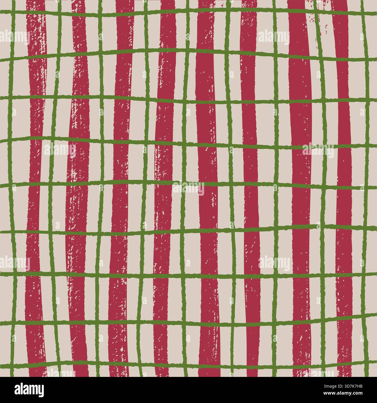 Grunge red vertical stripes and green grid seamless pattern Stock Vector