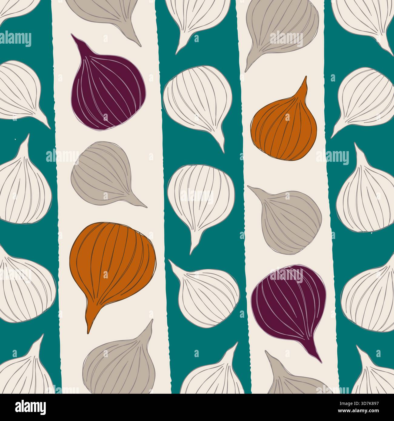 Seamless pattern with colorful onions on teal and white stripes Stock Vector