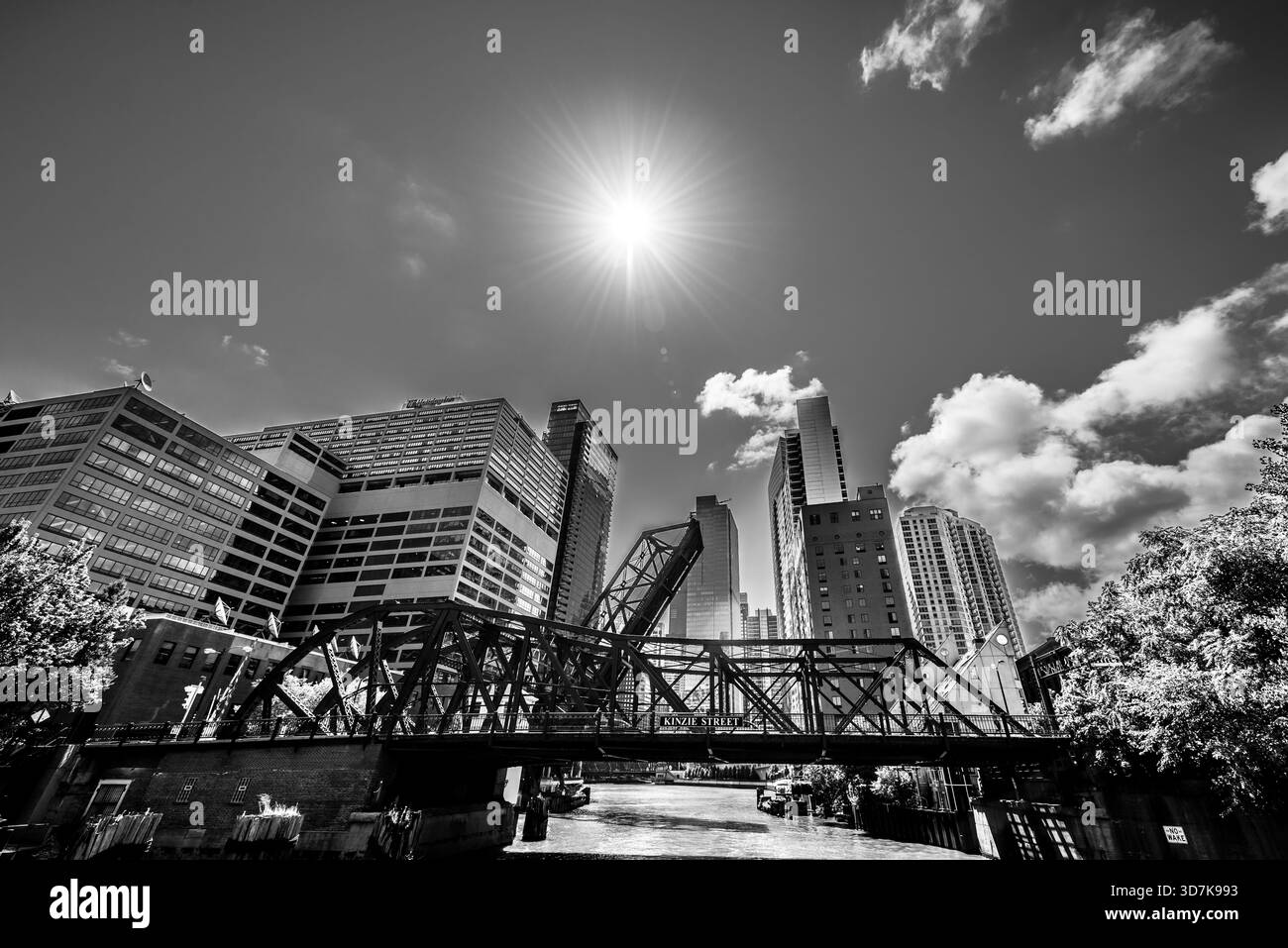 Black and white view of lifted bridge on the Chicago River Stock Photo ...