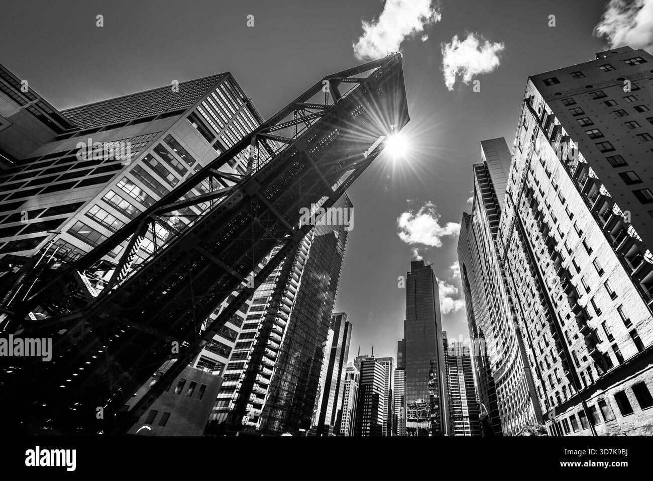Black and white view of lifted bridge on the Chicago River Stock Photo ...
