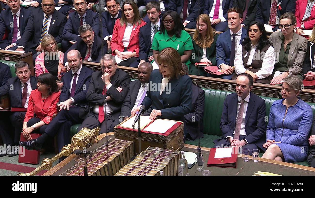 Screen grab of Chancellor of the Exchequer Rachel Reeves delivering her ...