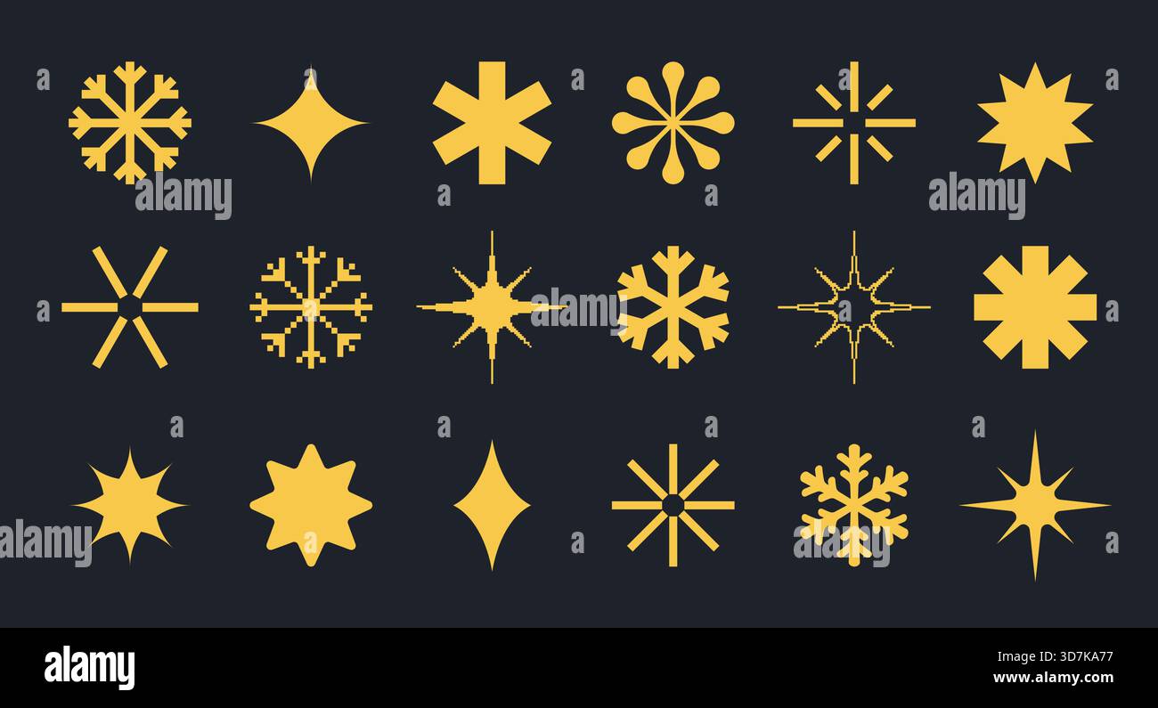 A set of modern geometric shapes of snowflakes and sparks. Gold icons ...