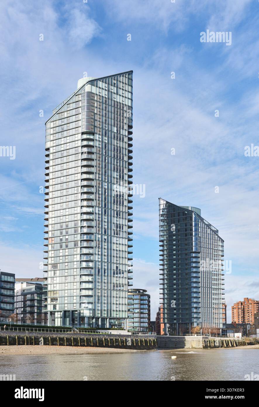 High rise block of apartments, on a bank of the river Thames at Chelsea ...