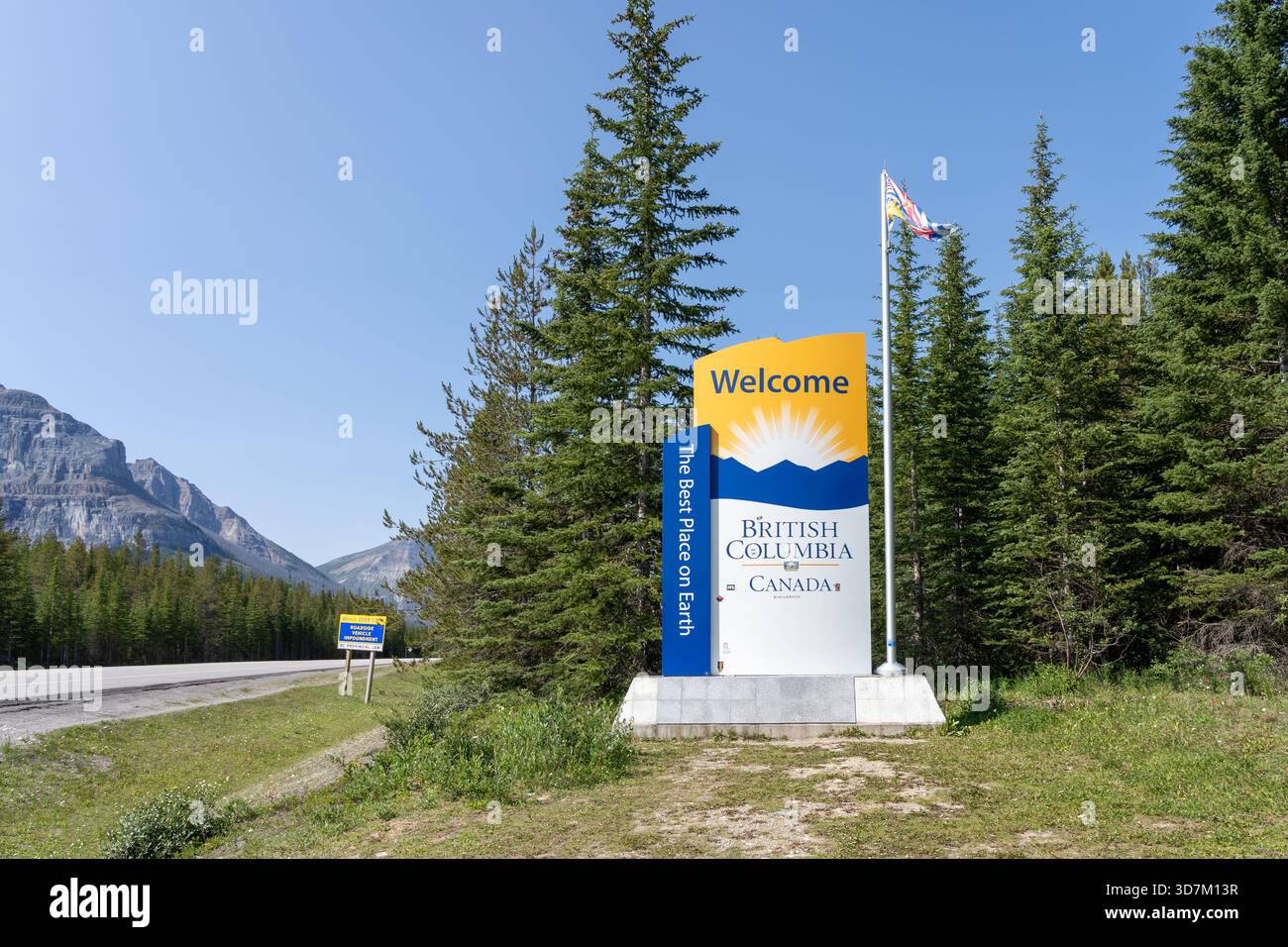 Welcome British Columbia sign is seen at the roadside. British Columbia, Canada. Stock Photo