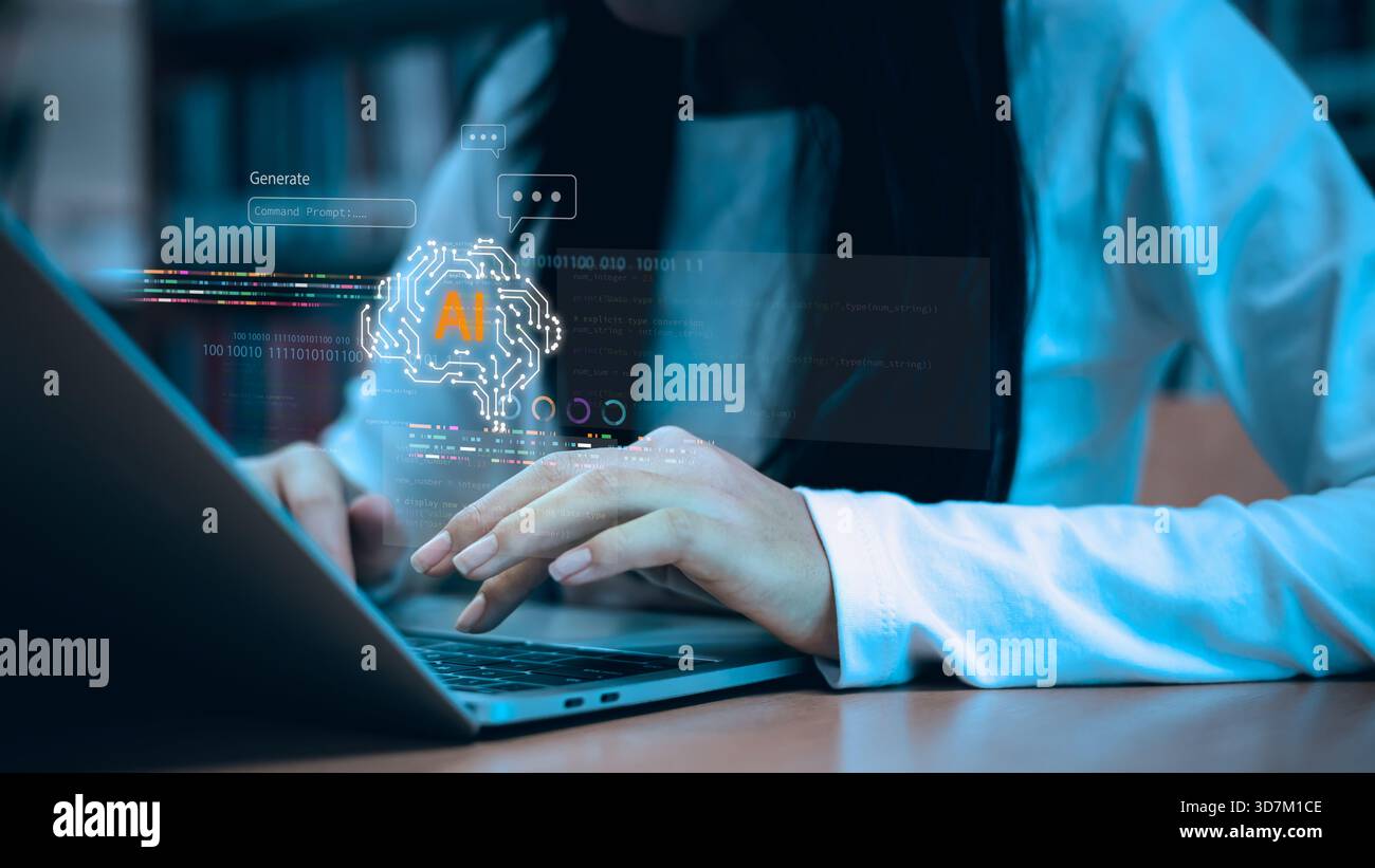 Woman typing on laptop with artificial intelligence interface, machine learning data, coding elements, and digital innovation concept for technology, Stock Photo