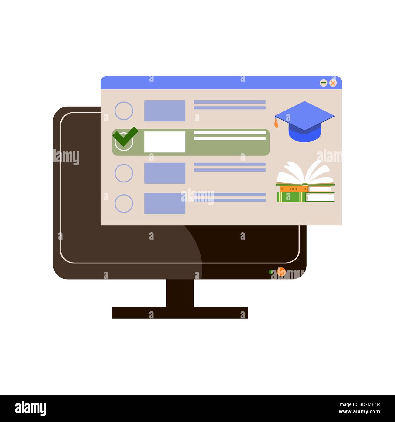 E-learning, online courses, distance learning programs at universities and schools. Computer with an information window. Flat illustration. Stock Vector
