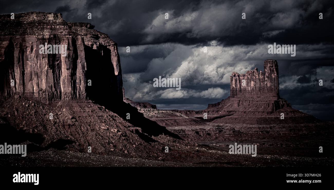 Monument Valley sunset US landscape - butte and red rock sandstone formations - southwest USA Arizona & Utah - United States Navajo national park Stock Photo