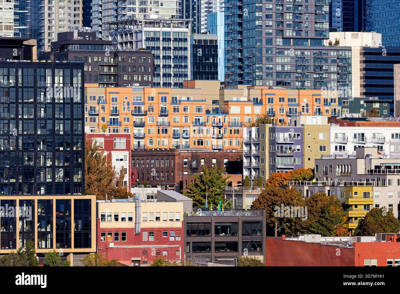 Downtown Seattle skyline viewed from the waterfront - Seattle, Washington, USA Stock Photo