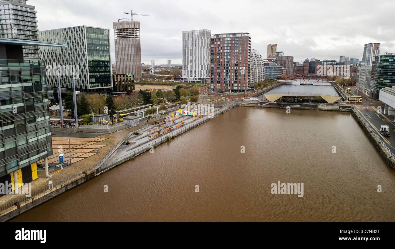 Manchester, United Kingdom 11.15.2025 - The Blue Peter Garden on the left bank of the north bay in Manchester. High-quality drone footage. Stock Photo