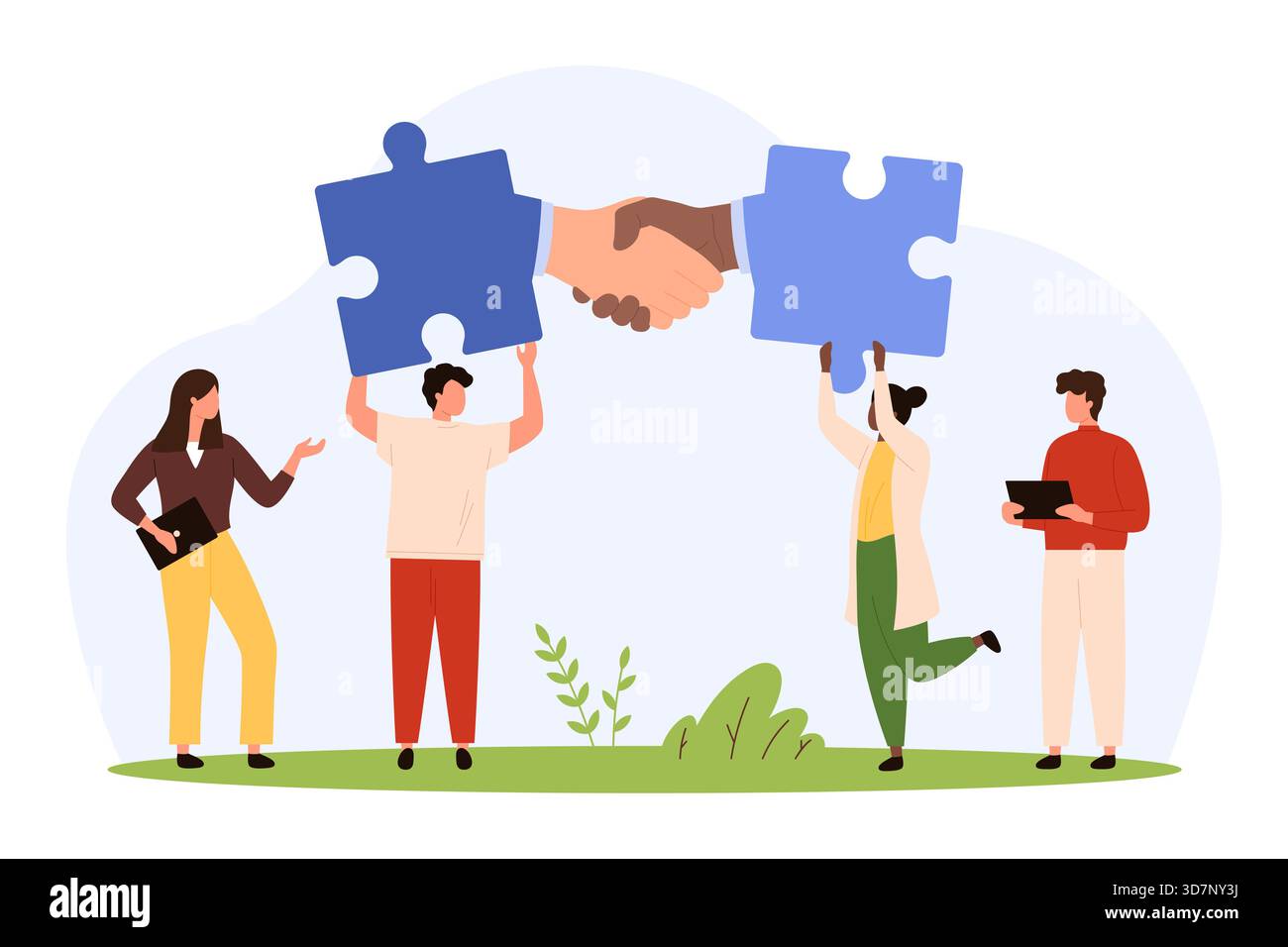 Business people collaborating with puzzle pieces and handshake ...