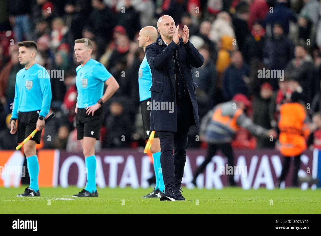 Liverpool manager Arne Slot applauds the fans after the UEFA Champions ...