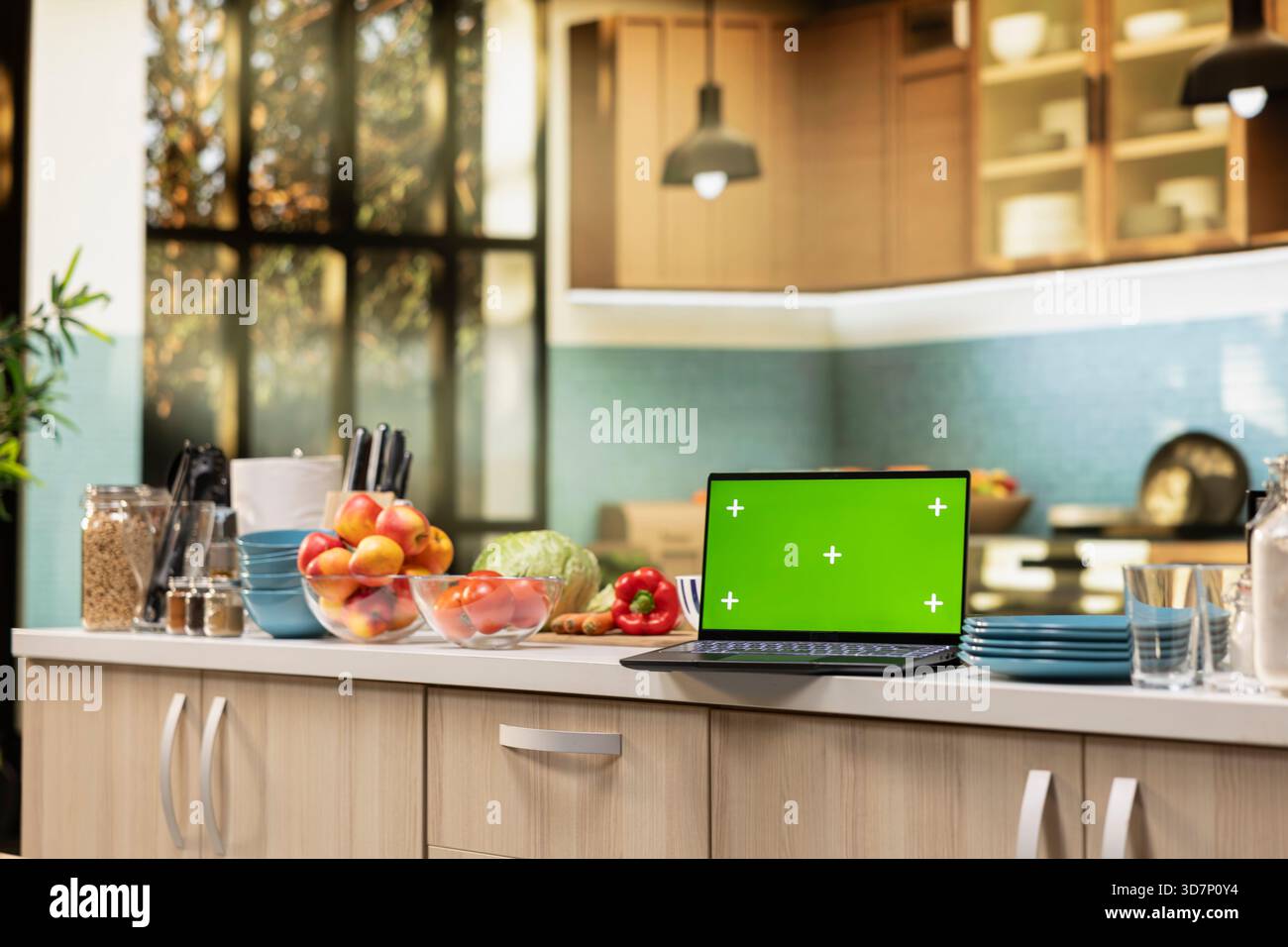 Isolated mockup with elegant kitchen interior and countertop, Stylish decorations with kitchenware, fresh produce and spices, representing culinary lifestyle and clean household organization. Stock Photo