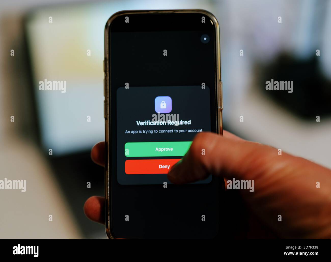 Man Uses Two Factor Authentication to Authorize Application Access Basic Enterprise Information Securtity Concept - 2FA MFA Mobile App Stock Photo