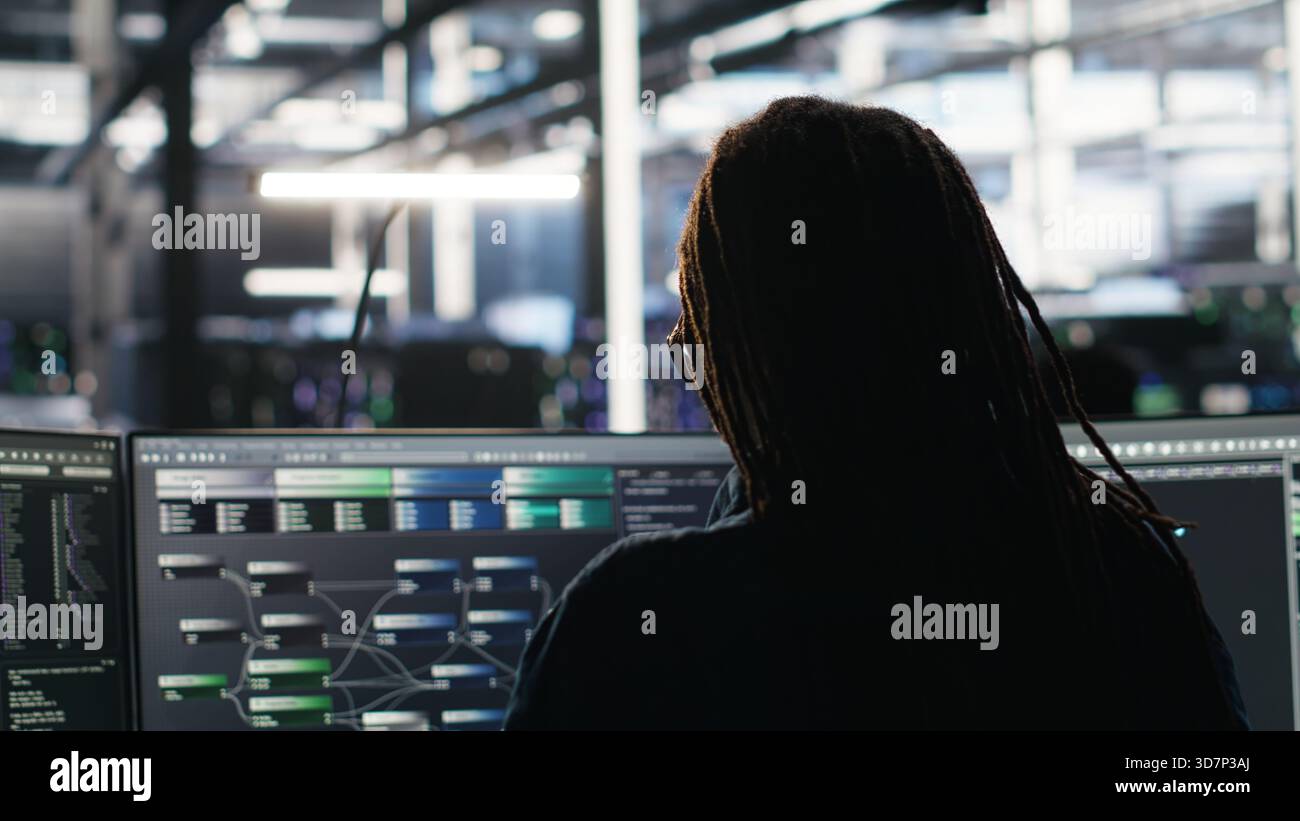 Data center engineer implements AI virtualization frameworks to optimize server clusters. Server hub IT professional doing artificial intelligence predictive analysis, camera B Stock Photo