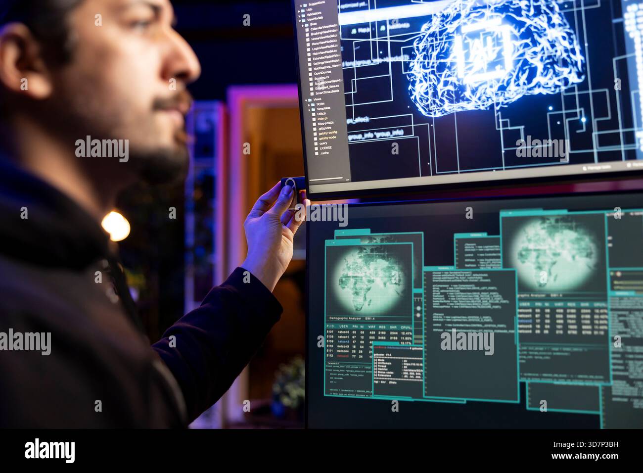 Rogue engineer penetrating firewalls using malicious deep learning script on USB stick. Cybercriminal doing covert operations, bypassing security using neural network software on thumb drive Stock Photo