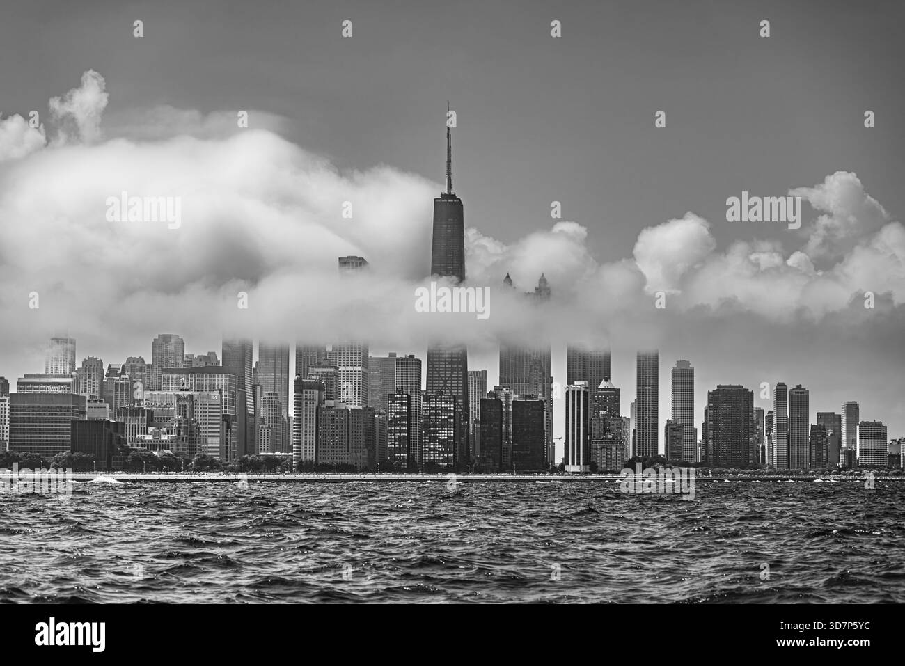 Black and white panoramic view of the Chicago skyline with clouds Stock ...