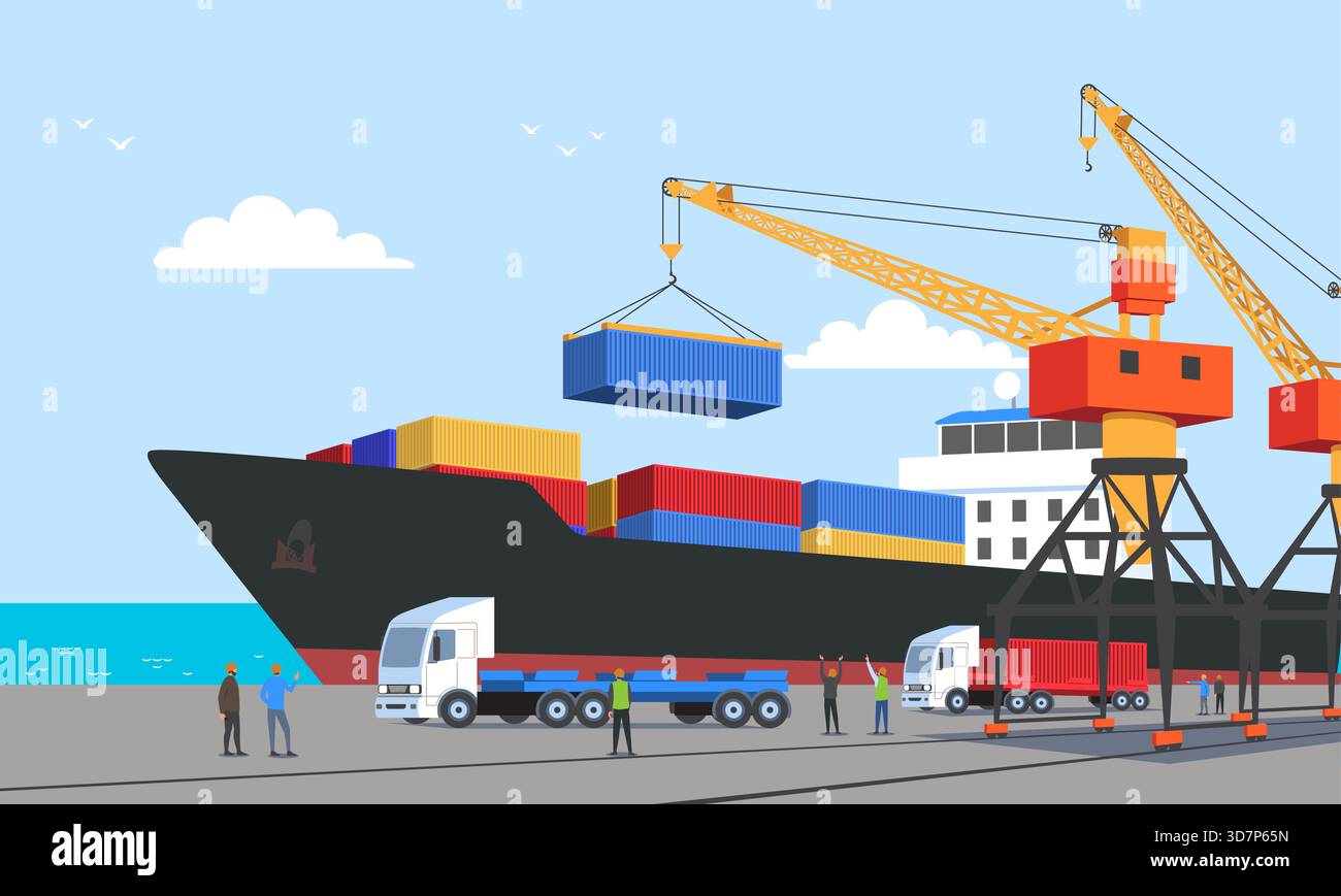 Loading cargo onto ship at port. Cranes, trucks and forklifts carry out ...