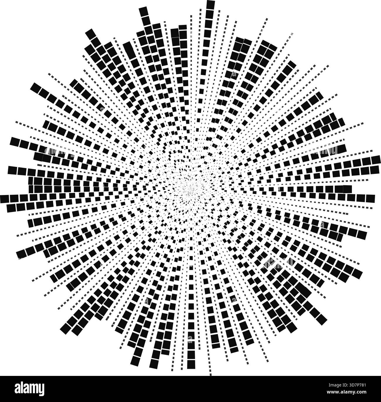 Circular formation of square rays tapering outward with irregular ...