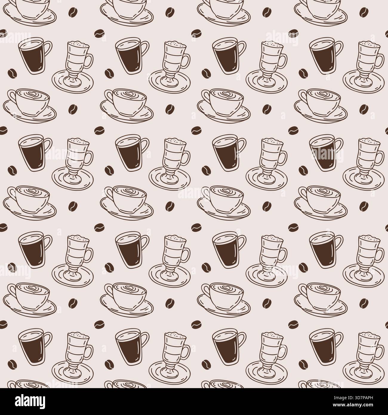 Seamless pattern with hand-drawn assorted coffee drinks on beige background. Vector outline style print. Stock Vector