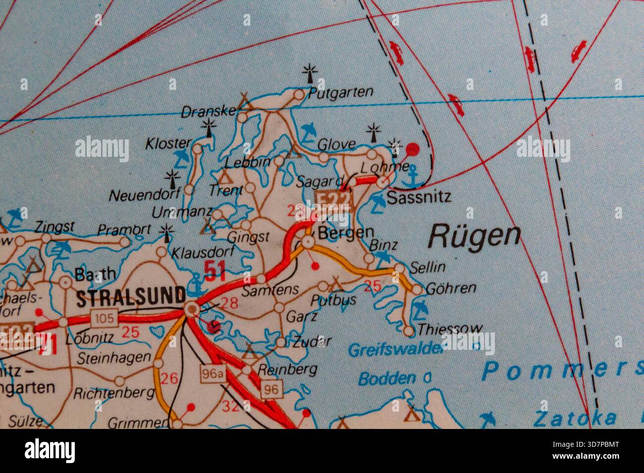 Stralsund and Rugen island, Germany, on a road map Stock Photo - Alamy