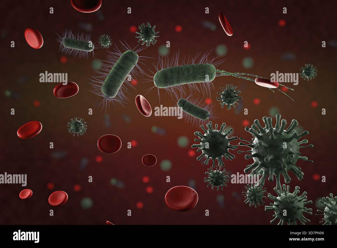 Red Microbes 3d illustration, close up of microscopic Virus, Bacteria and Red blood ...