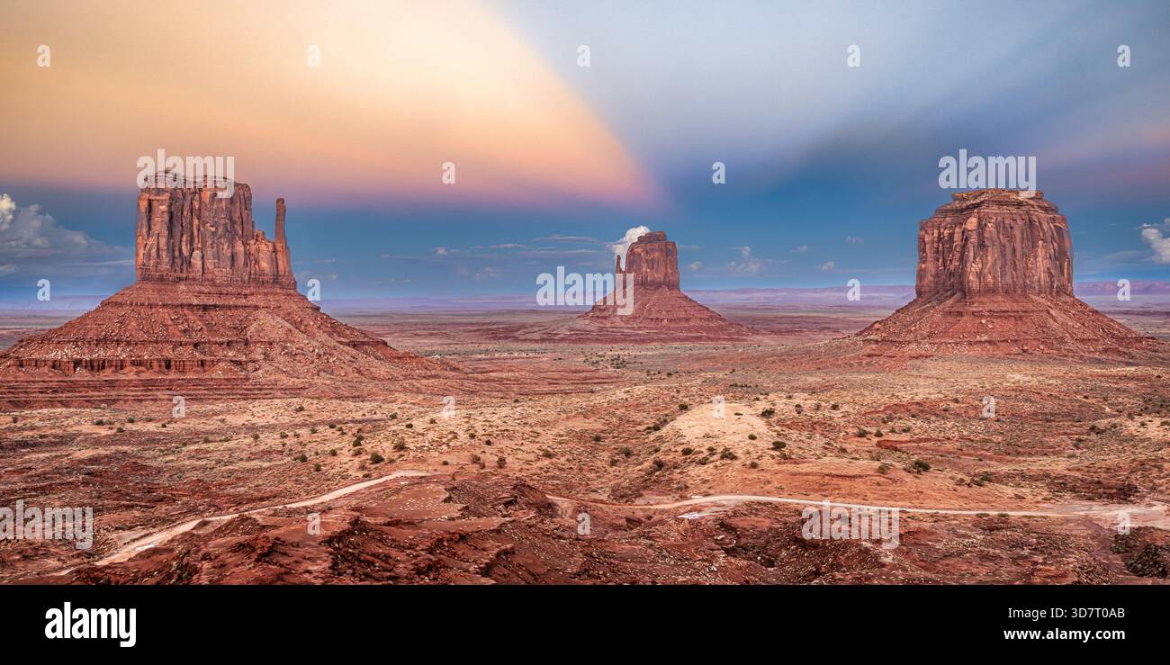 Monument Valley sunset US landscape - butte and red rock sandstone formations - southwest USA Arizona & Utah - United States Navajo national park Stock Photo