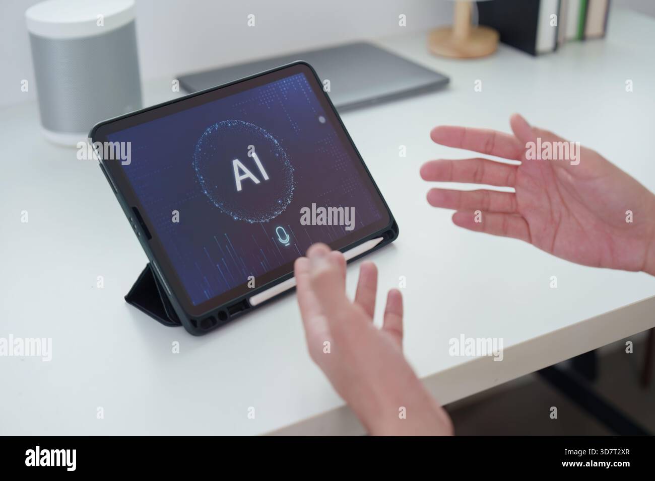 AI Interaction. User engaging with AI interface on tablet for smart solutions. Stock Photo