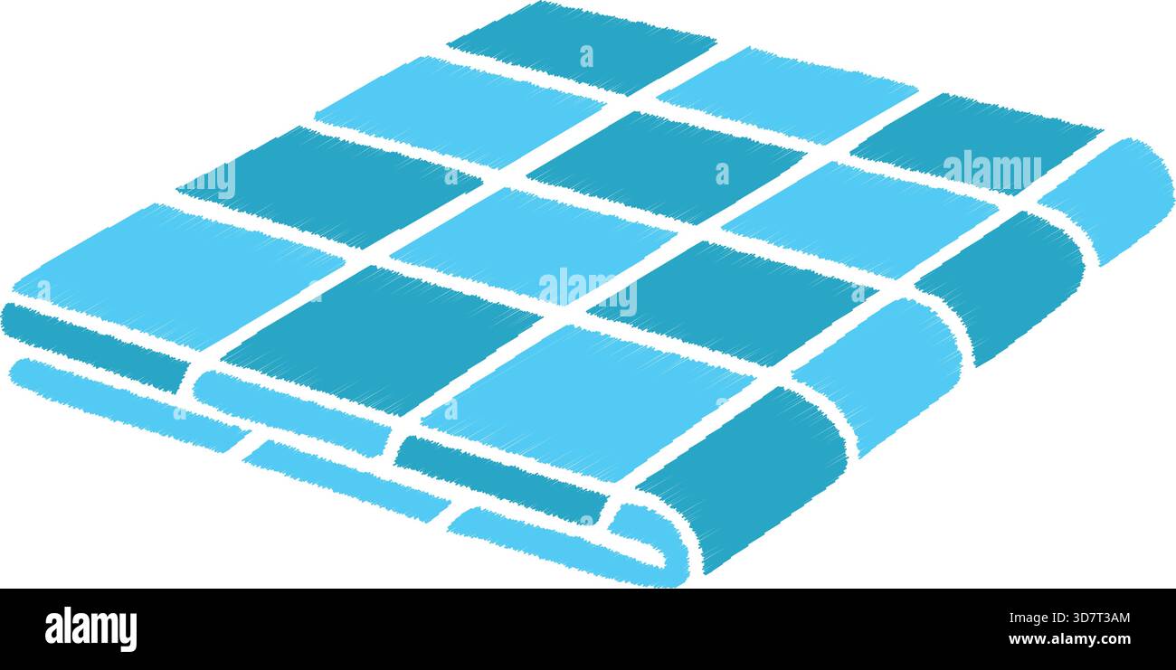 A plush blue towel folded into a neat stack with visible edge stitching. Stock Vector