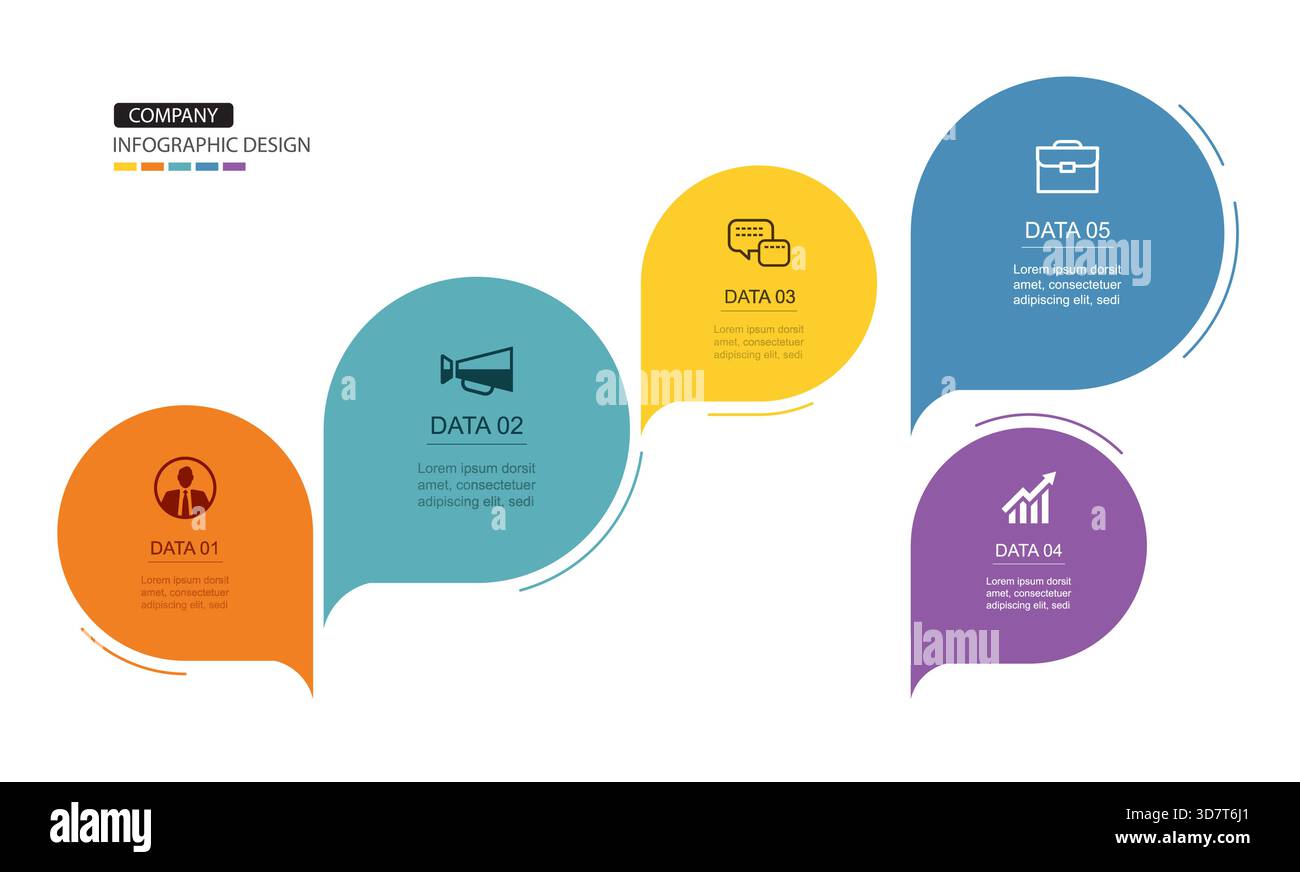 Business concept presentation multicolor 5 steps process speech bubbles infographic design template. Stock Vector