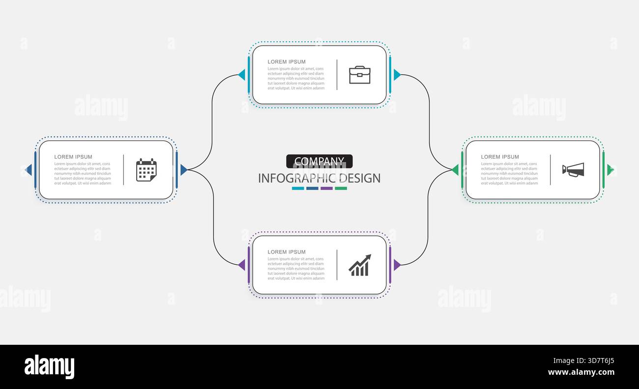 Four business concept horizontal connected stages timeline diagram with rounded rectangle boxes. Stock Vector