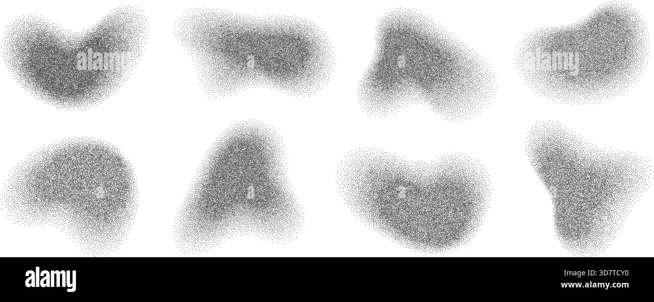 Stippled irregular shapes noise grain effect gradient texture set. Stock Vector