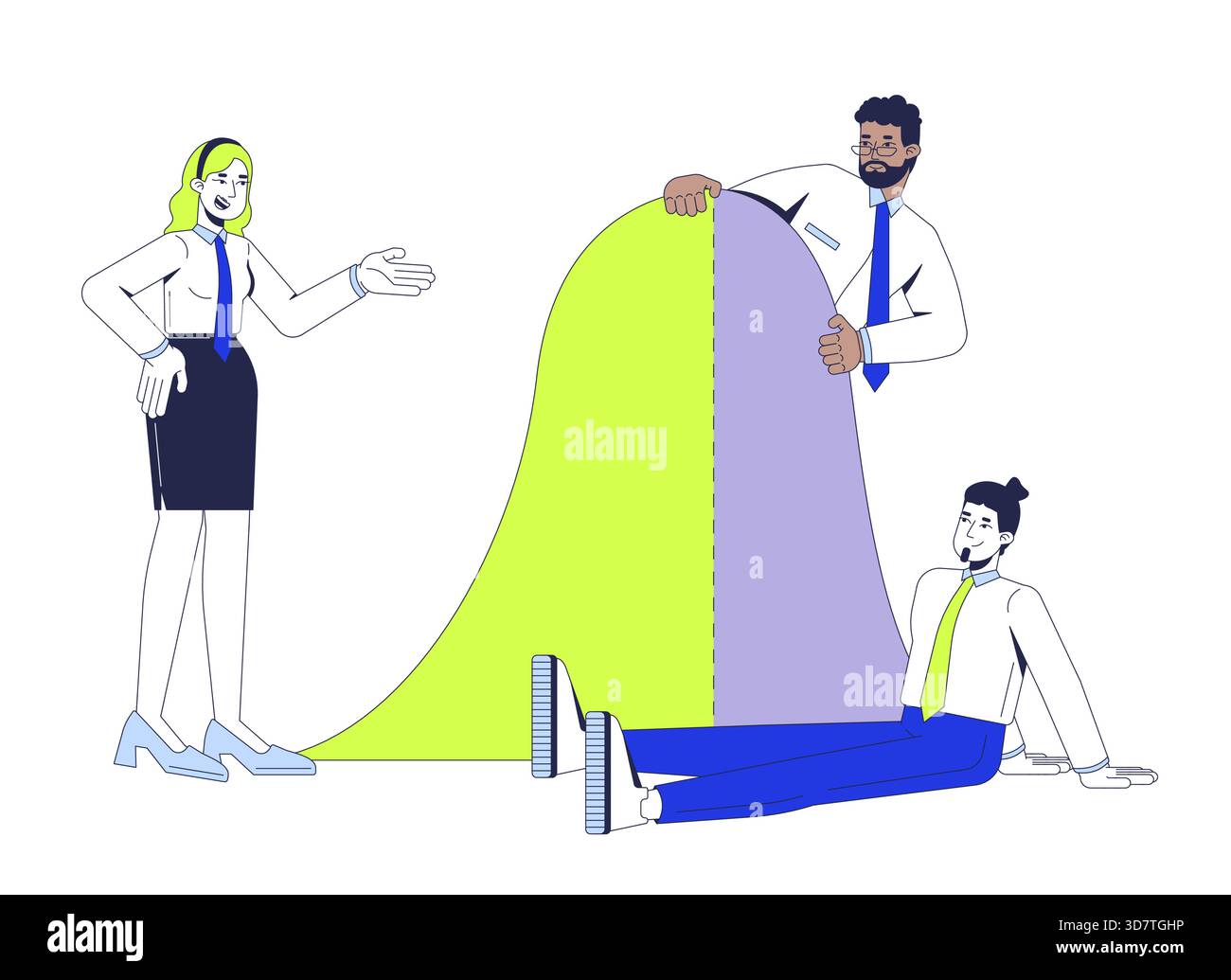 Bell curve analysis with statisticians team 2D illustration concept Stock Vector