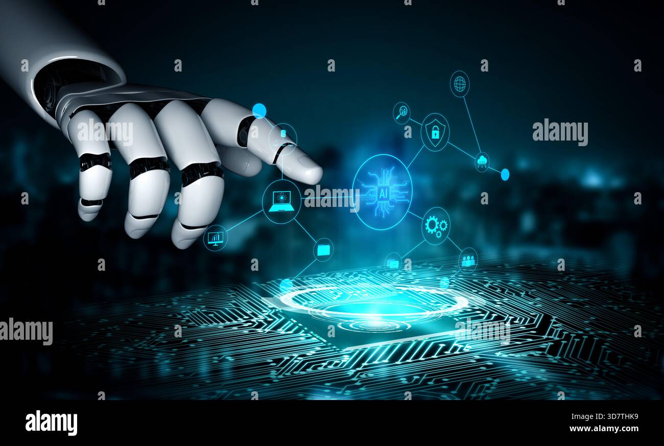 AI powers intelligent networks by linking data, enhancing real-time analytics, securing communication, and improving system efficiency and automation. Stock Photo