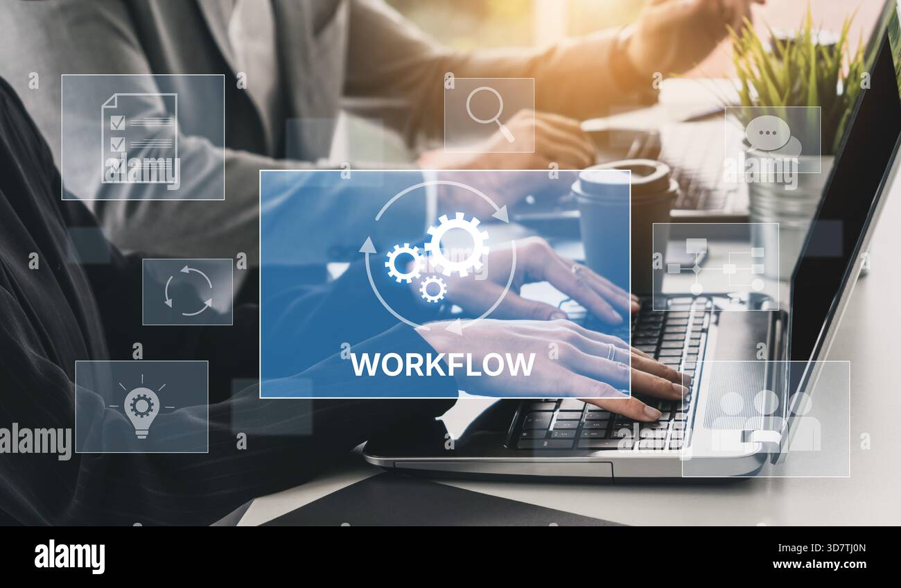 Workflow optimization concept featuring interconnected gears, task ...