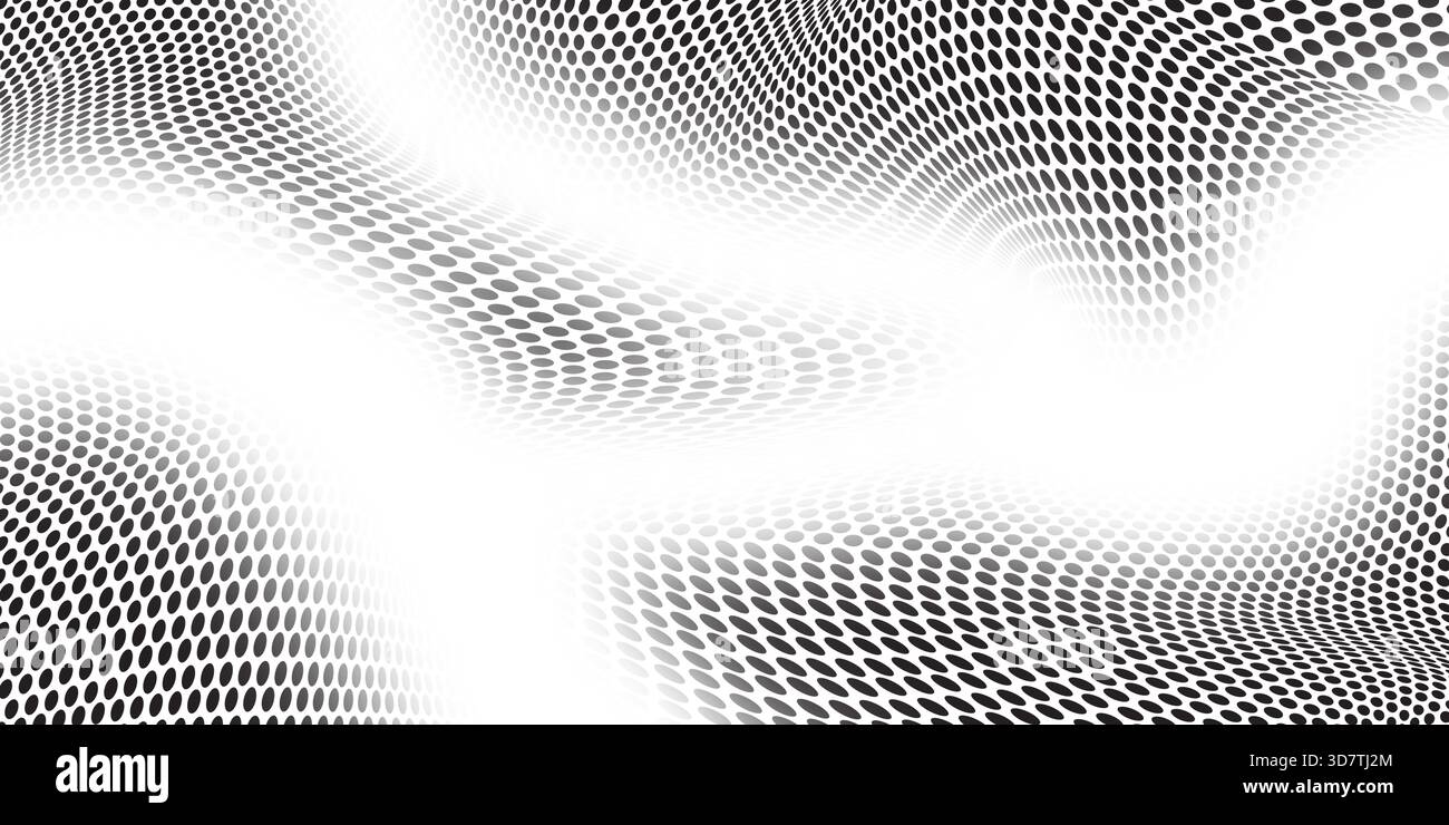 Bold, black halftone dots forming a dynamic, curved wave or mesh pattern on a solid white background, creating an abstract and energetic graphic Stock Photo