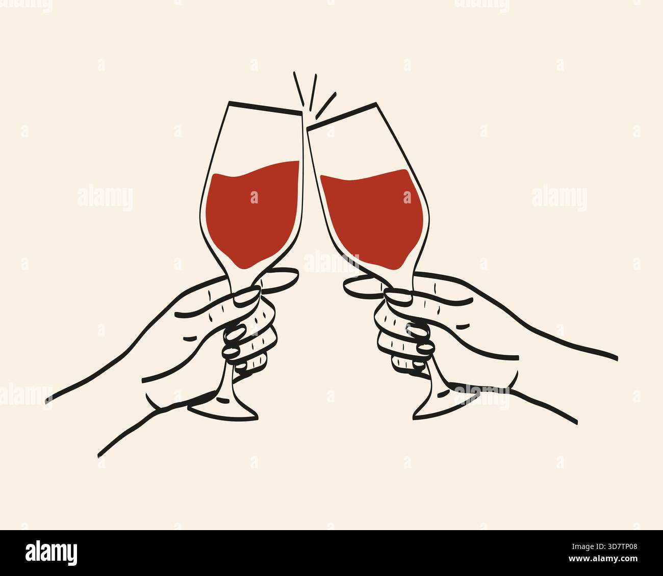 Two hands holding glasses of red wine come together in a toast. This ...