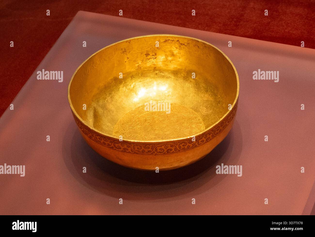 Golden Bowl with single Flower of Xixia Dynasty(1038-1227). Wuwei Museum Collection Stock Photo
