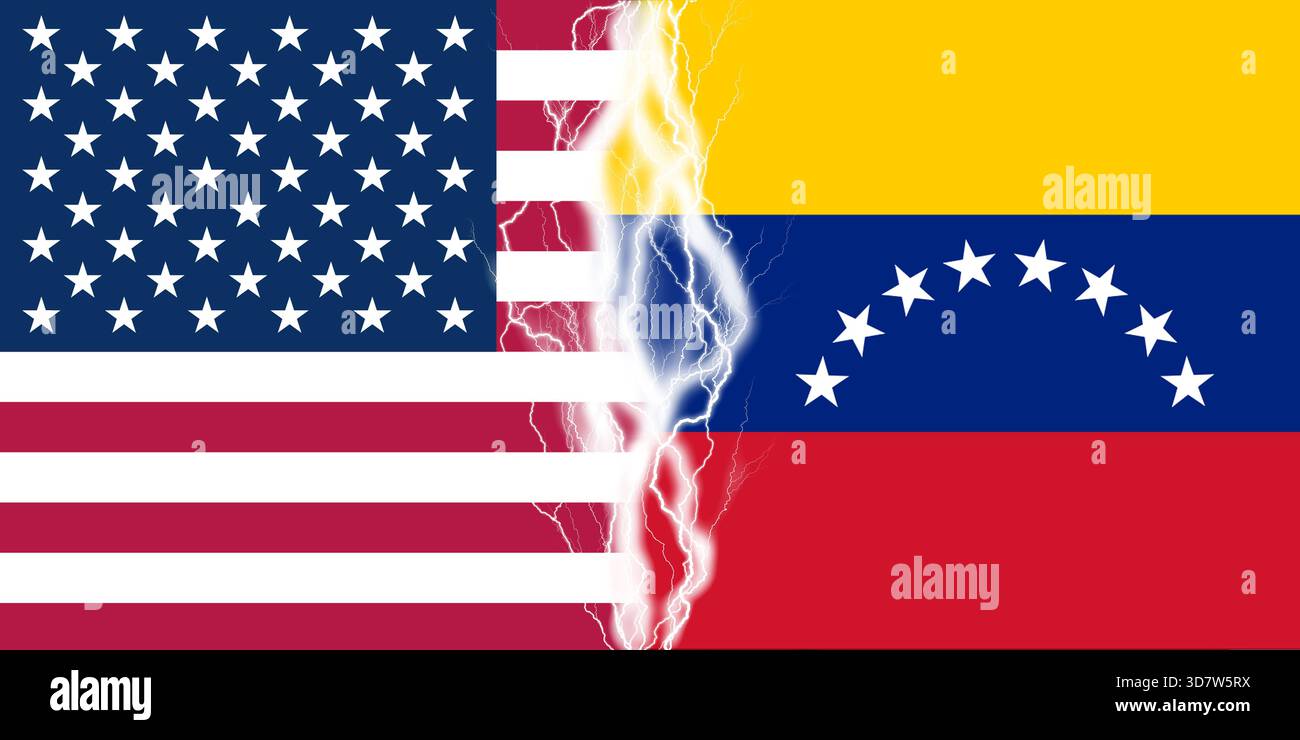 Lightnings effect between flags of USA and Venezuela. Concept of conflict between two nations, Washington and Caracas Stock Photo