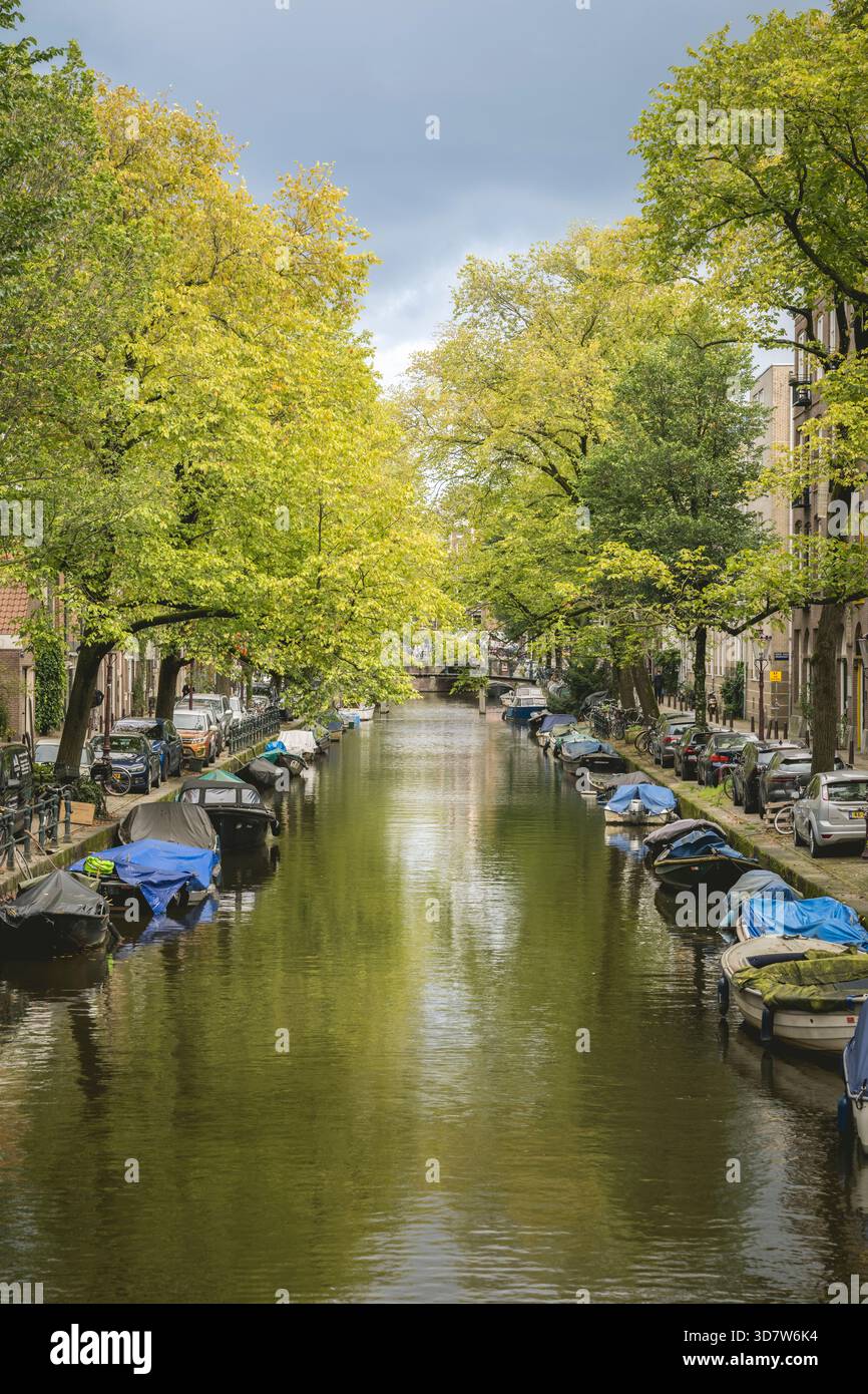 A quiet canal lined with boats and trees on a cloudy day in a city