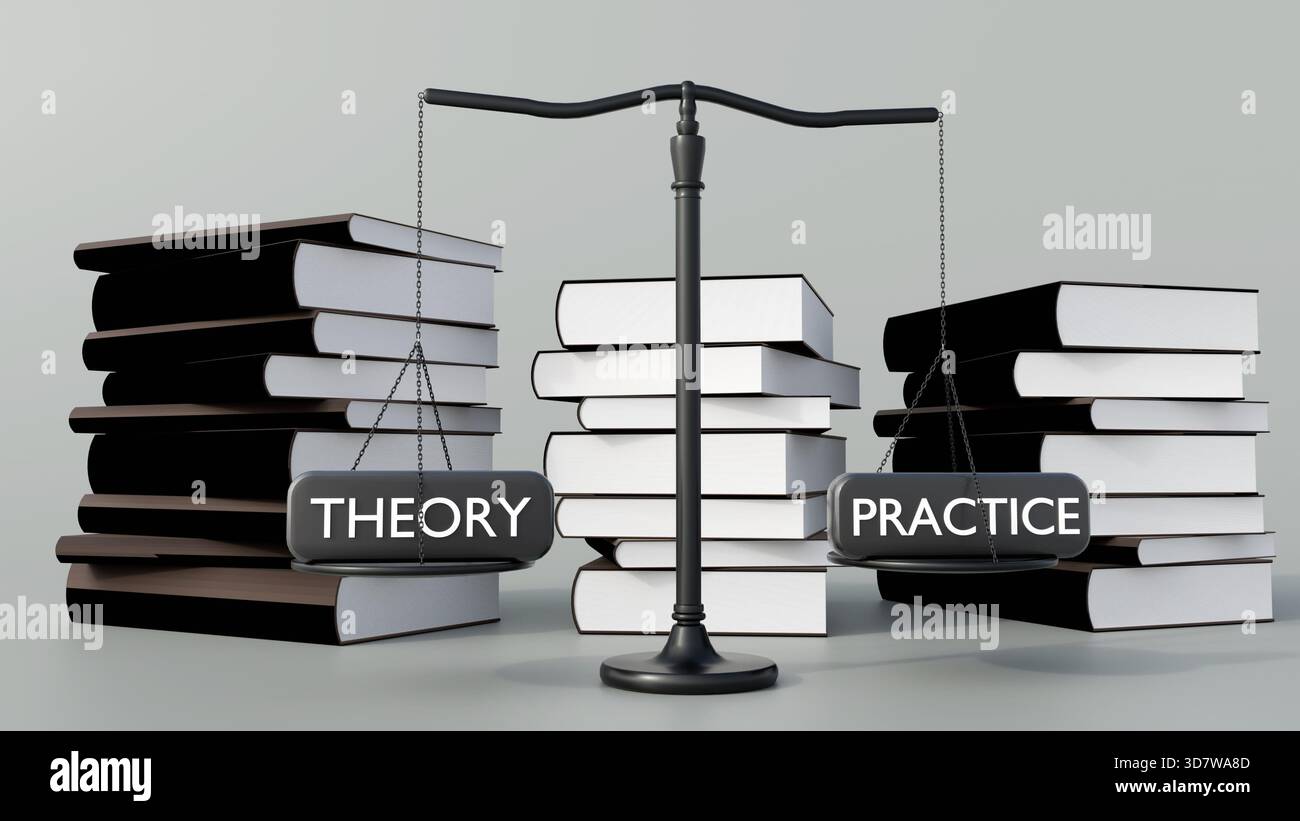 A 3D rendering of a balance scale. The left pan is labeled 